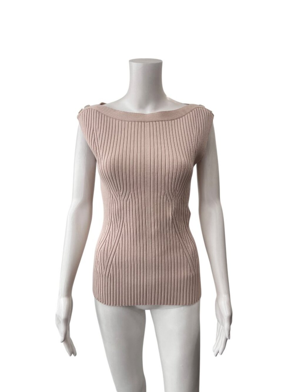 Safiyaa Beige Knit Ribbed Boat Neck Slim Tank Top Blouse size Large
